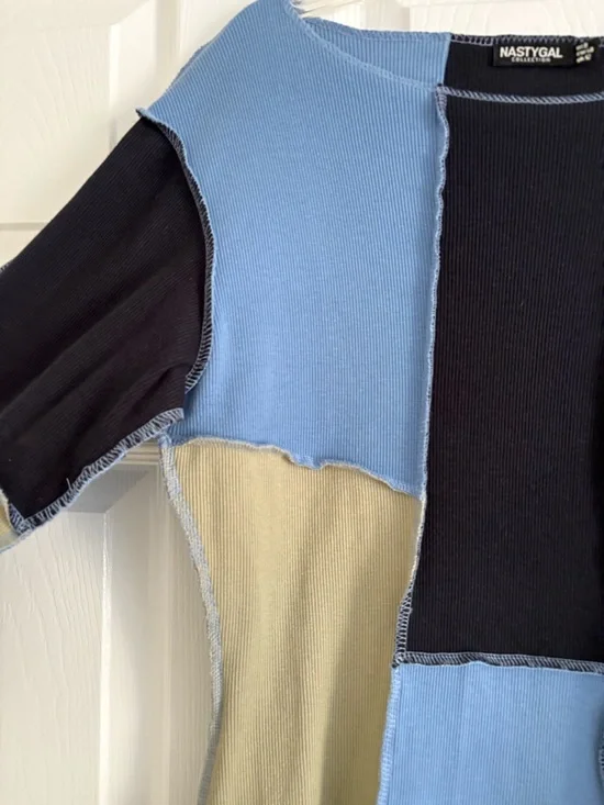 Nasty Gal Patchwork Colorblock Long Sleeve Dress - Light Blue, Black, Olive - Picture 3 of 5